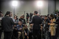 Senator Josh Hawley talks to reporters during recess in the Senate impeachment trial of President Trump in Washington