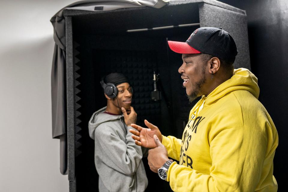 The Black Lives Matter Youth Center in Paterson, NJ offers a variety of free programs to young Paterson residents including a recording studio and audio engineer. Kah Thomas, 23, gets feedback from Roderick Pannell on Saturday, March 4, 2023. 