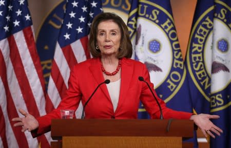 House Speaker Nancy Pelosi speaks to the news media during her weekly news conference on Capitol Hill in Washington, U.S.