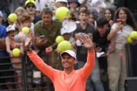 Spain's Rafael Nadal celebrates after beating Belgium's Zizou Bergs at the Italian Open tennis tournament, in Rome, Thursday, May 9, 2024. (AP Photo/Alessandra Tarantino)