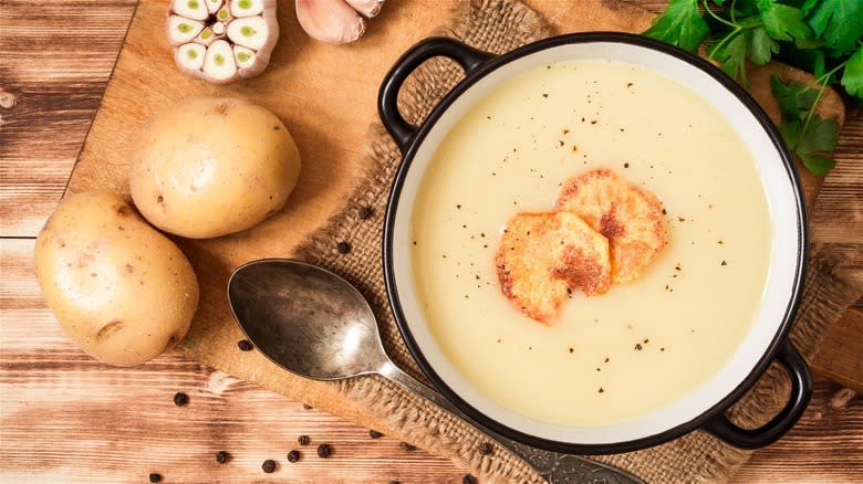 Soup garnished with potato chips