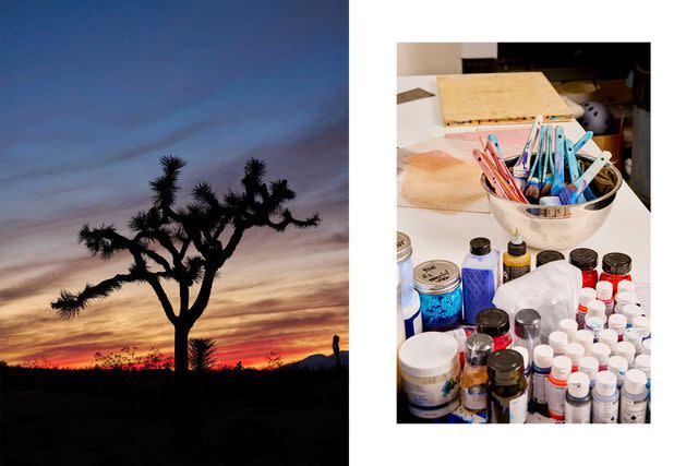 <p>Yasara Gunawardena</p> From left: Sunset at California’s Joshua Tree National Park; inks and other printmaking supplies in the studio of artist Kyle Simon.