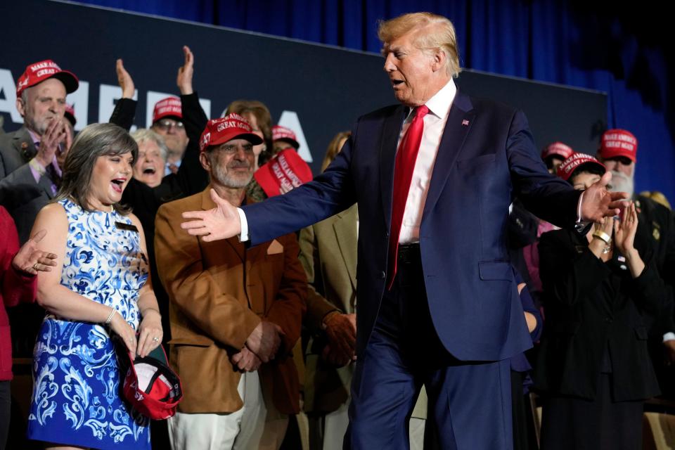 President Donald Trump arrives at a campaign rally, Thursday, April 27, 2023, in Manchester, N.H.