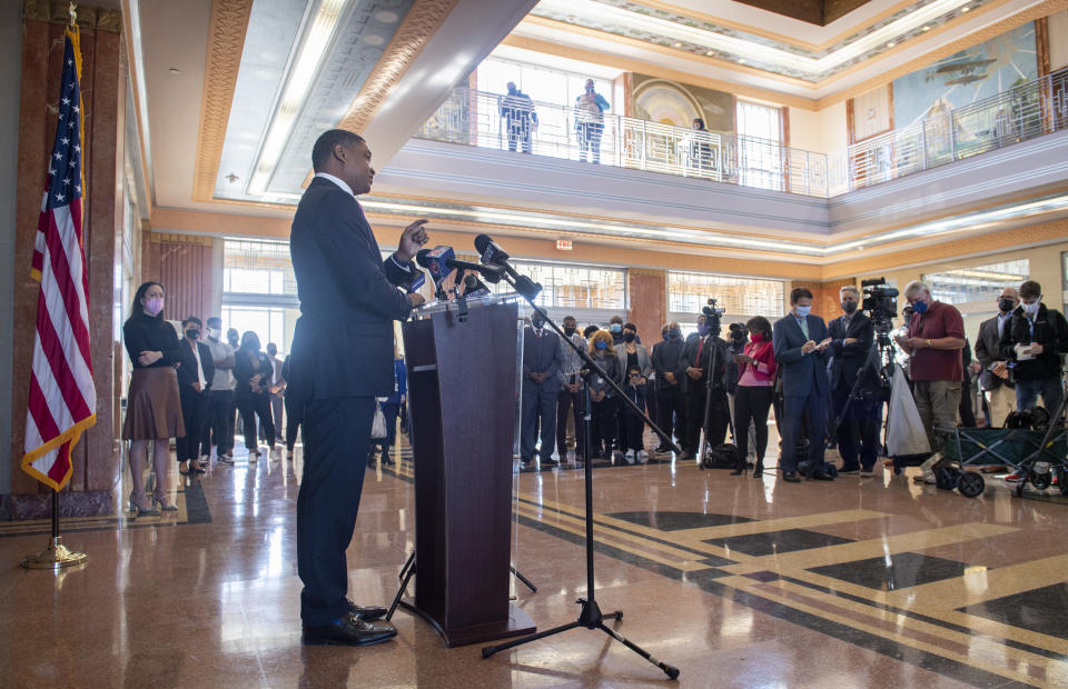 U.S. Rep. Cedric Richmond, D-La., speaks at New Orleans Lakefront Airport, Tuesday, Nov. 17, 2020, in New Orleans, La., where he announced he's leaving Congress to work as an adviser to President-elect Joe Biden. (Chris Granger/The Times-Picayune/The New Orleans Advocate via AP)