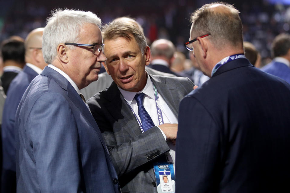 VANCOUVER, BRITISH COLUMBIA - JUNE 21: Ken Holland (C) of the Edmonton Oilers attends the first round of the 2019 NHL Draft at Rogers Arena on June 21, 2019 in Vancouver, Canada. (Photo by Bruce Bennett/Getty Images)