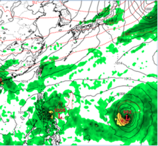 兩熱帶擾動一在關島附近，另一在呂宋島東側。翻攝自tropical tidbits