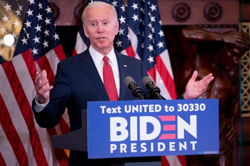 Former vice president and Democratic presidential candidate Joe Biden speaks about the unrest across the country from Philadelphia City Hall on June 2, 2020, in Philadelphia, Pennsylvania, contrasting his leadership style with that of US President Donald Trump, and calling George Floyd's death "a wake-up call for our nation." (Photo by JIM WATSON / AFP) (Photo by JIM WATSON/AFP via Getty Images)