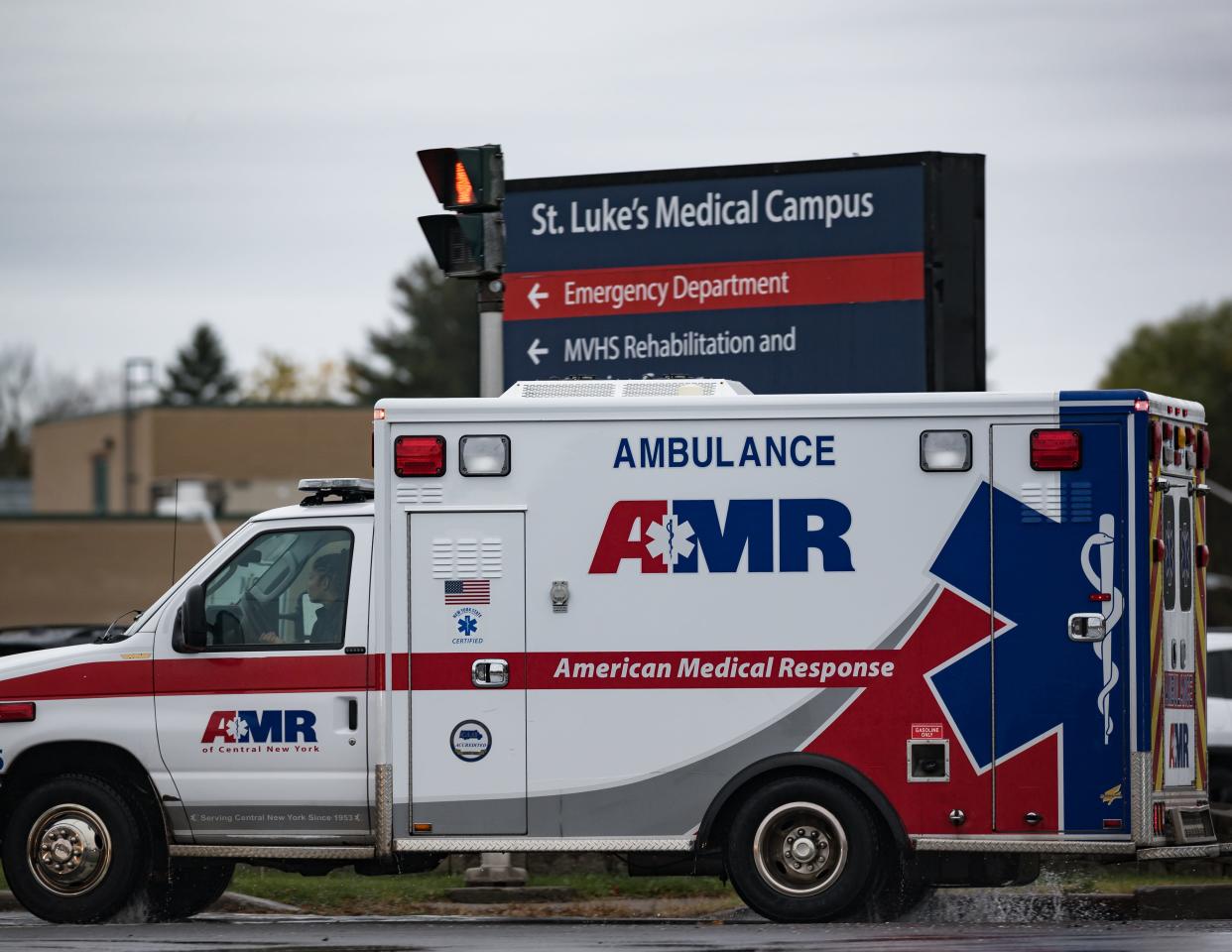 Ambulances transfer patients at Faxton-St. Luke's Hospital as Mohawk Valley Health System officially opened the Wynn Hospital at 6 a.m. on Sunday, October 29, 2023.