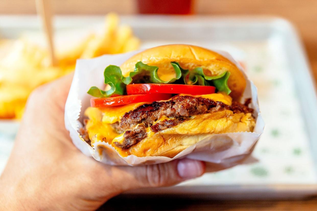 A person holds a delicious fast food cheeseburger