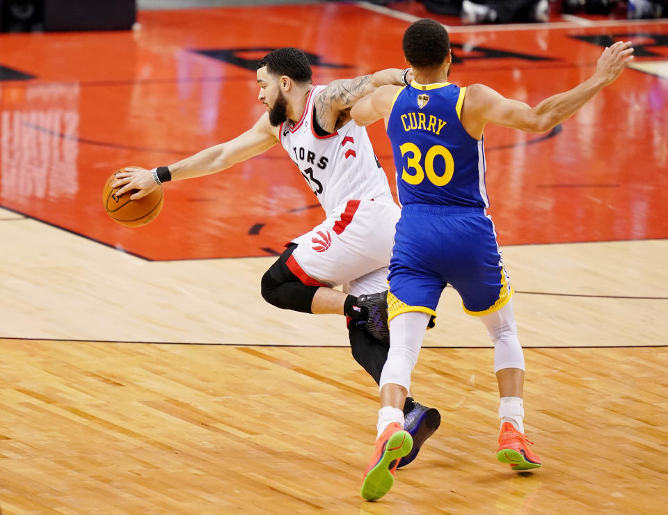 Jun 2, 2019; Toronto, Ontario, CAN; Golden State Warriors guard Stephen Curry (30) fouls Toronto Raptors guard Fred VanVleet (23) during the fourth quarter in game two of the 2019 NBA Finals at Scotiabank Arena. The Golden State Warriors won 109-104. Mandatory Credit: Kyle Terada-USA TODAY Sports