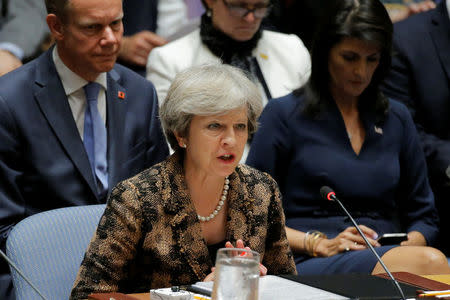 British Prime Minister Theresa May speaks during a meeting of the Security Council to discuss peacekeeping operations during the 72nd United Nations General Assembly at U.N. headquarters in New York, U.S., September 20, 2017. REUTERS/Lucas Jackson