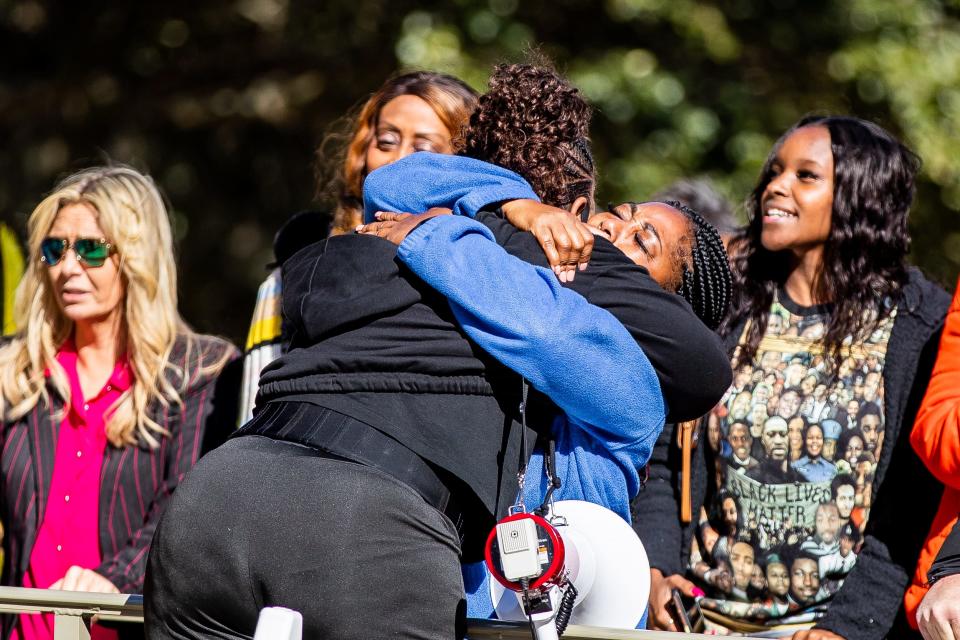 Supporters gather outside the Glynn County Courthouse to celebrate the guilty verdict found in the Ahmaud Arbery murder trial on Wednesday, Nov. 24, in Brunswick.