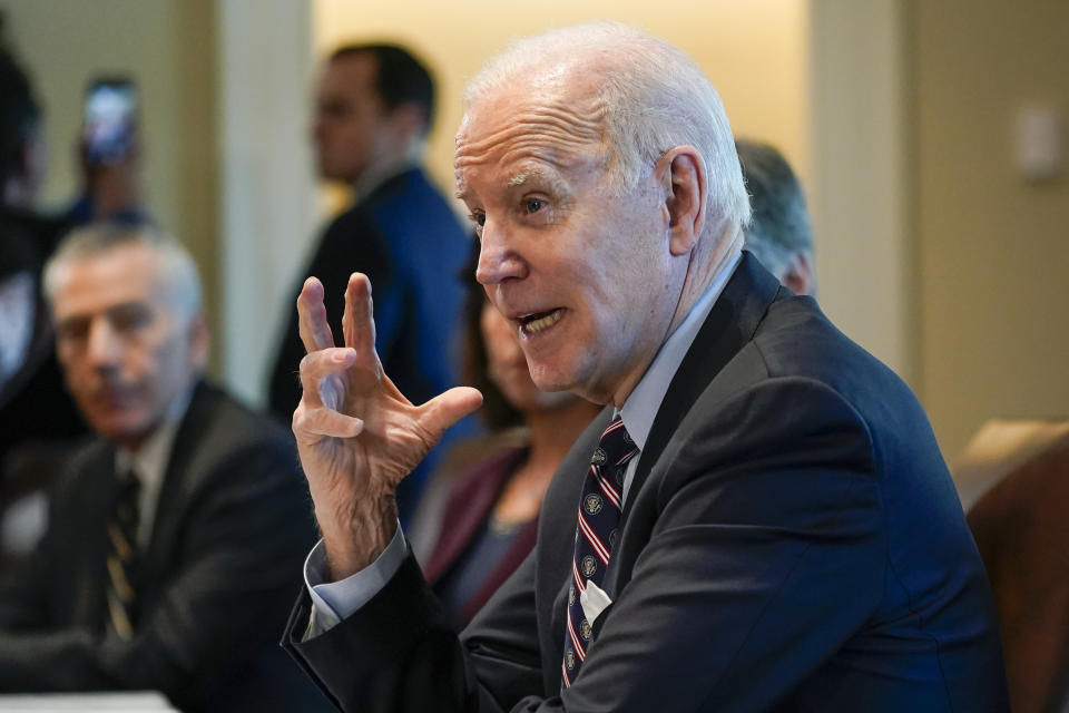 President Joe Biden meets with Colombian President Ivan Duque Marquez in the Cabinet Room of the White House, Thursday, March 10, 2022, in Washington. (AP Photo/Patrick Semansky)