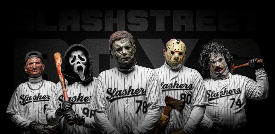The Merkins, an Akron-based group of cosplay horror movie villains, are shown here in baseball garb. A video of their appearance at the Summit County Fair on Thursday has gone viral.
