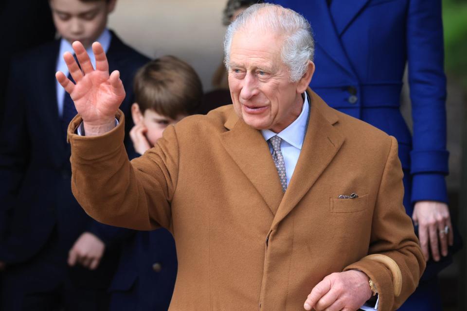 <p>Stephen Pond/Getty </p> King Charles leaves church at St. Mary Magdalene in Sandringham on Dec. 25, 2023.