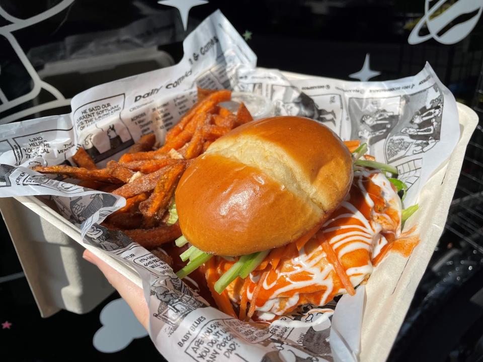 A Buffalo Chicken Smasher with cinnamon toast sweet potato fries at ORB O BYTES in Tuckerton.