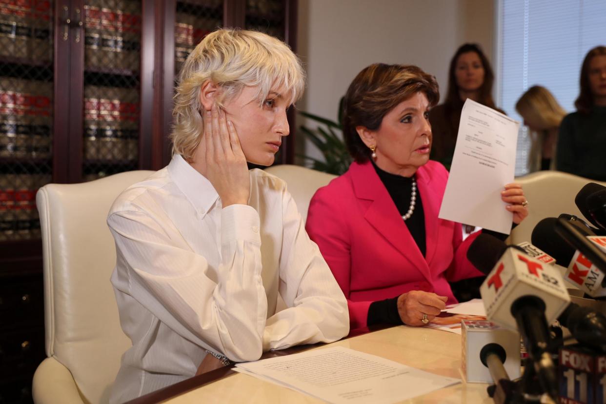 Jane Doe 15, left, who accuses Jeffrey Epstein of sexually abusing her when she was a child, speaks at a news conference along with her lawyer Gloria Allred in Los Angeles: REUTERS