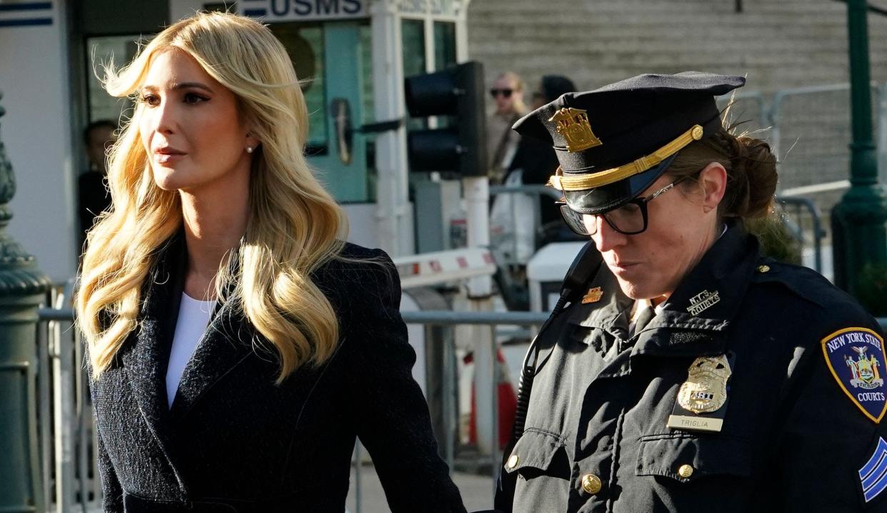 Ivanka Trump, daughter of former US President Donald Trump, arrives to testify in the Trump Organization civil fraud trial, at the New York State Supreme Court in New York City on November 8, 2023. The former president's daughter left the Trump Organization in 2017 to become a White House advisor and is not a codefendant in the case. Trump, his sons Don Jr and Eric, and other Trump Organization executives are accused of exaggerating the value of their real estate assets by billions of dollars to obtain more favorable bank loans and insurance terms.