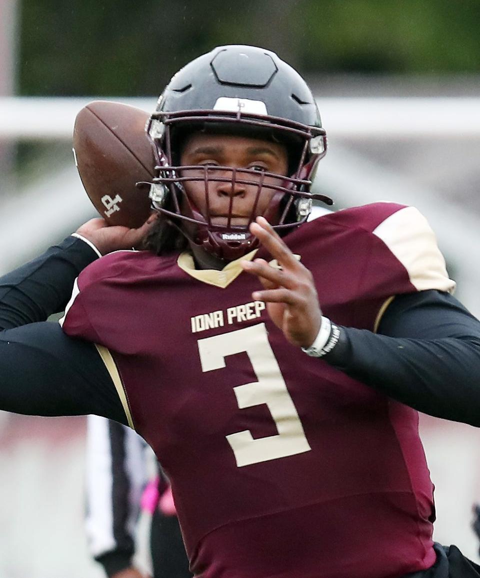 Iona Prep quarterback Ajani Sheppard (3) looks for an open receiver against Saint Anthony's during football action at Iona Prep in New Rochelle Oct. 1, 2022.