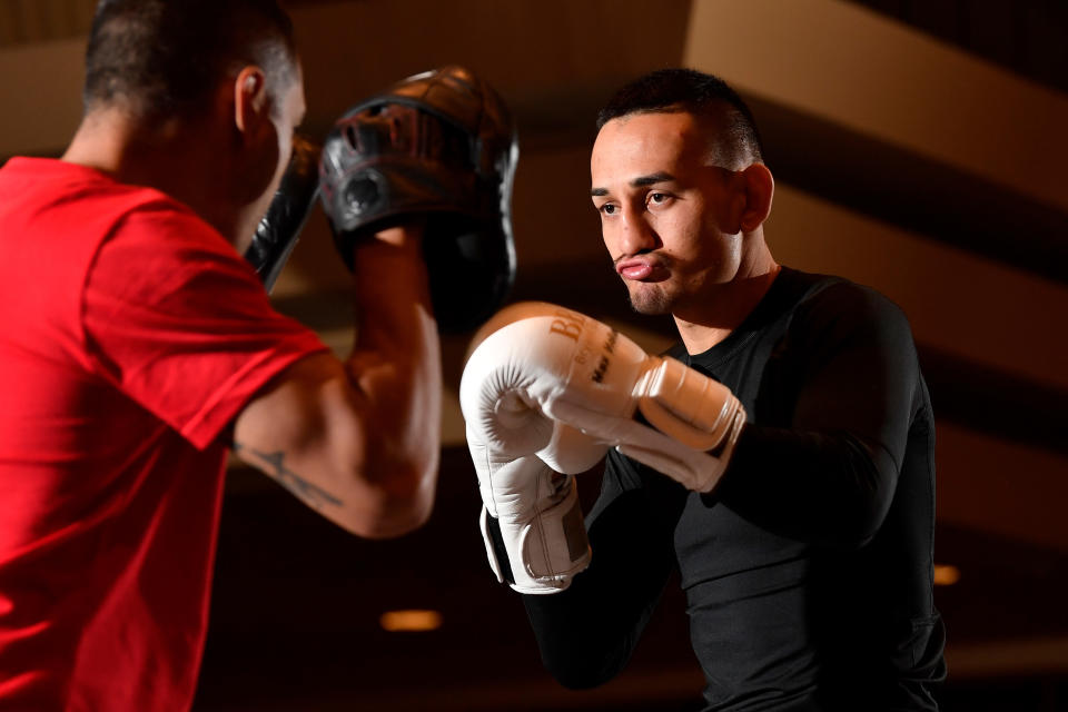Featherweight champion Max Holloway worked out for the public on Wednesday at the MGM Grand in Las Vegas, hours before being pulled from his UFC 226 fight with Brian Ortega because of concussion-like symptoms. (Getty Images)