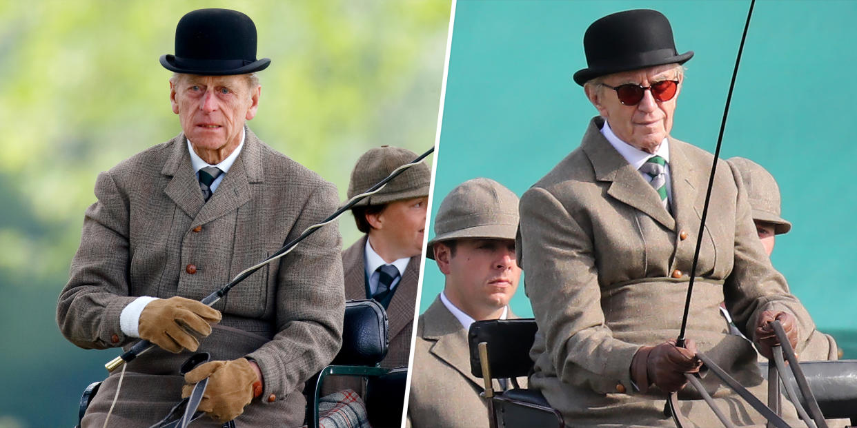 (L) Prince Philip, Duke of Edinburgh in Windsor, England. (R) Jonathan Pryce plays Prince Philip on The Crown. (Getty Images, Splash)