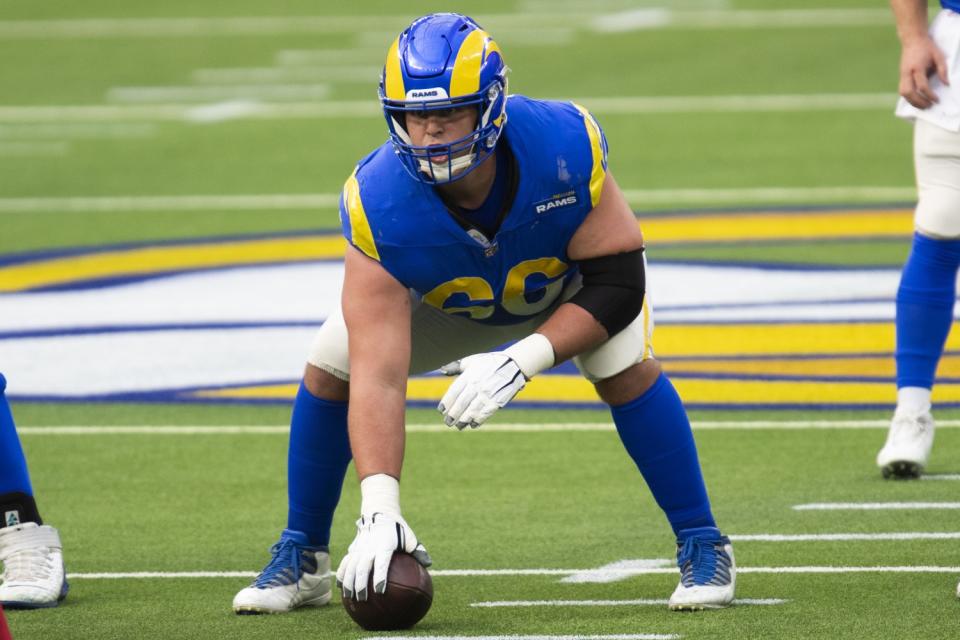 Rams center Austin Blythe gets ready to snap the football against the Arizona Cardinals in January.