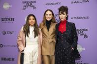 FILE - Actors, from left, Gina Rodriguez and Evan Rachel Wood pose with writer-director Miranda July at the premiere of "Kajillionaire" during the 2020 Sundance Film Festival in Park City, Utah on Jan. 25, 2020. The film is about a family of grifters in Los Angeles. (Photo by Arthur Mola/Invision/AP, File)