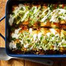 <p>Using thinly sliced zucchini in place of tortillas is a great way to cut back on carbs and still enjoy cheesy chicken enchiladas. If you like the heat, opt for a spicy enchilada sauce. <a href="https://www.eatingwell.com/recipe/264489/zucchini-enchiladas/" rel="nofollow noopener" target="_blank" data-ylk="slk:View Recipe" class="link ">View Recipe</a></p>