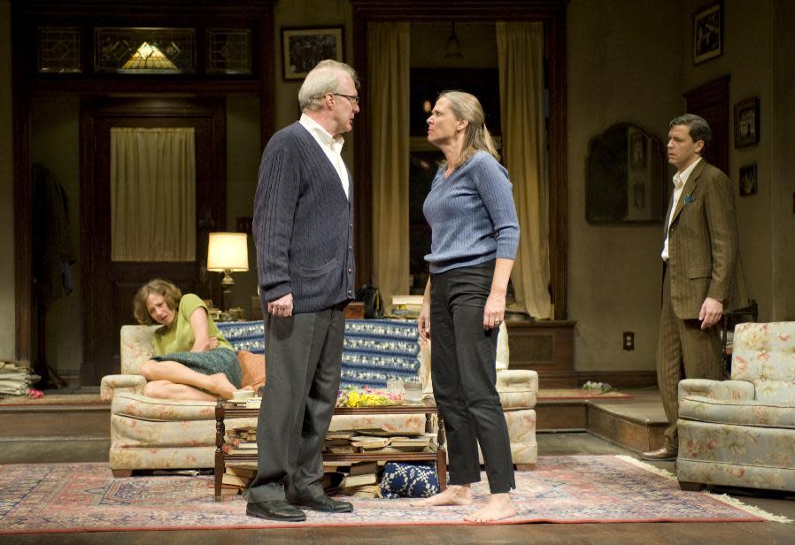 This theater image released by Jeffrey Richards Associates shows, from left, Carrie Coon, Tracy Letts, Amy Morton and Madison Dirks during a performance of Edward Albee's Who's Afraid of Virginia Woolf, opening Oct. 13, 2012 at the Booth Theatre in New York. (AP Photo/Jeffrey Richards Associates, Michael Brosilow)