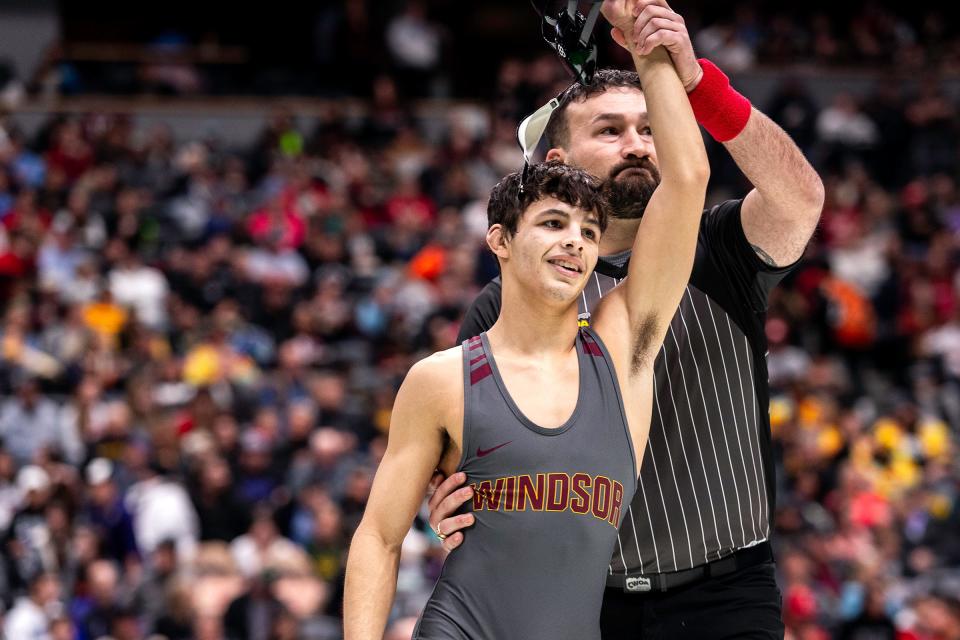 Windsor's James Pantoja celebrates a win after his semifinal match at the Colorado state wrestling tournament at Ball Arena in Denver, Colo., on Friday, Feb. 16, 2024.