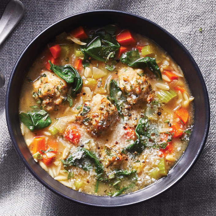 <p>Forget the marble-size meatballs you find in many versions of this soup. In this easy recipe, they're full-size, full-flavored and plenty filling. <a href="https://www.eatingwell.com/recipe/269824/easy-italian-wedding-soup/" rel="nofollow noopener" target="_blank" data-ylk="slk:View Recipe" class="link rapid-noclick-resp">View Recipe</a></p>