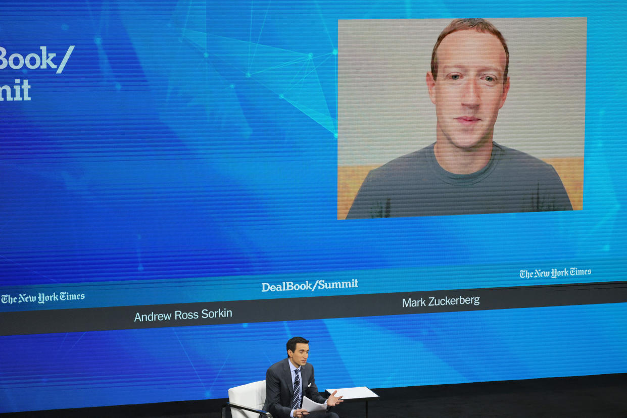 NEW YORK, NEW YORK - NOVEMBER 30: Andrew Ross Sorkin speaks with Meta CEO and founder Mark Zuckerberg during the New York Times DealBook Summit in the Appel Room at the Jazz At Lincoln Center on November 30, 2022 in New York City. The New York Times held its first in person DealBook Summit since the start of the coronavirus (COVID-19) pandemic with speakers from the worlds of financial services, technology, consumer goods, private investment, venture capital, banking, media, public relations, policy, government, and academia.   (Photo by Michael M. Santiago/Getty Images)