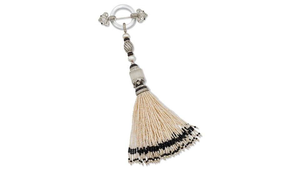 Art Deco Rock Crystal, Diamond, Onyx and Pearl Tassel Brooch. - Credit: Christie's