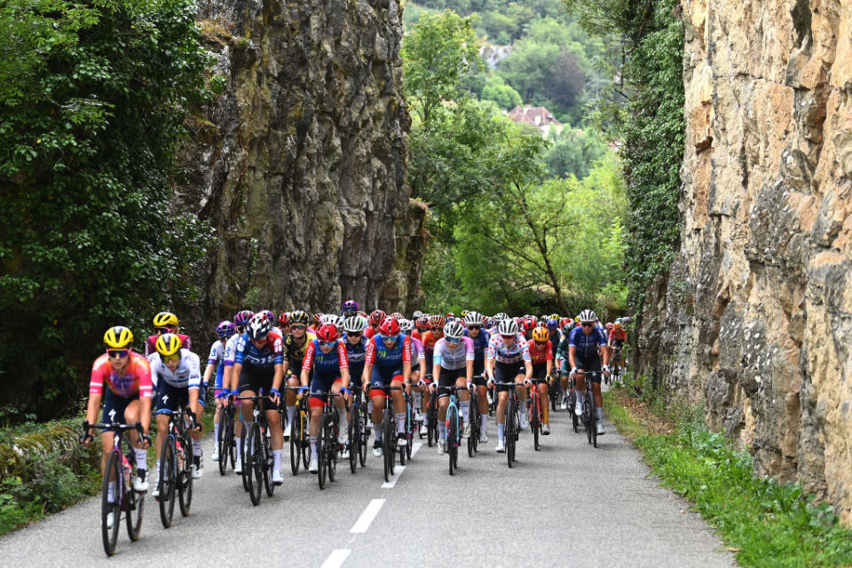 RODEZ FRANCE  JULY 26 Georgie Howe of Australia and Team Jayco AlUla Elena Cecchini of Italy Lorena Wiebes of The Netherlands and Team SD Worx  Protime Marta Lach of Poland and Team CERATIZITWNT Pro Cycling and Eri Yonamine of Japan and Team Human Powered Health lead the peloton during the 2nd Tour de France Femmes 2023 Stage 4 a 1771km stage from Cahors to Rodez 572m  UCIWWT  on July 26 2023 in Rodez France Photo by Tim de WaeleGetty Images