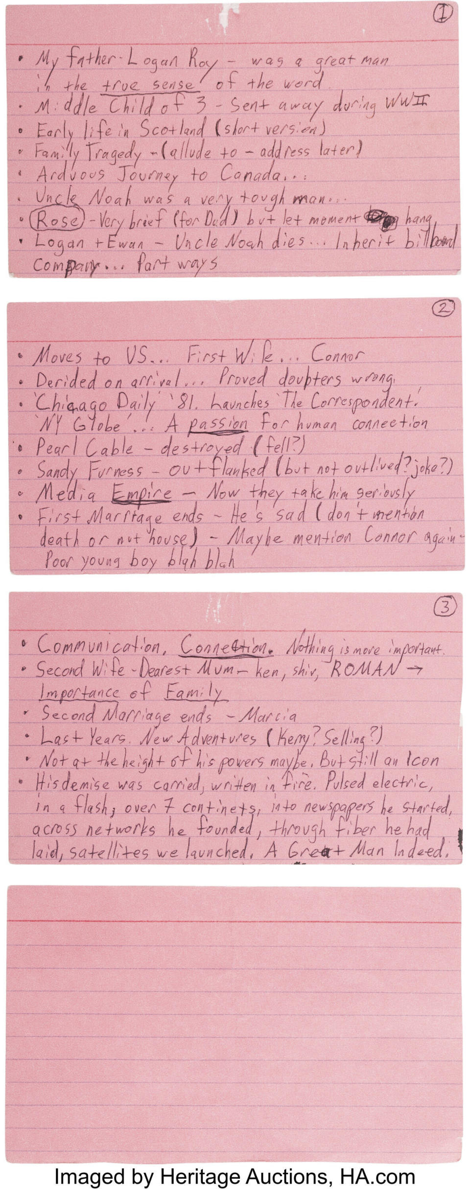 This undated image provided by Heritage Auctions shows the index card containing Roman Roy's (played by Kieran Culkin) eulogy notes for his father's funeral from the HBO series "Succession." The item was part of an online auction on behalf of HBO at Heritage Auctions in Dallas, which ended Saturday, Jan. 13, 2024. (Heritage Auctions via AP)