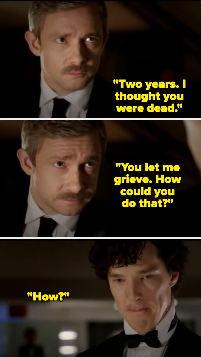 Three-panel image of John Watson and Sherlock Holmes from the TV show "Sherlock" engaged in an emotional conversation