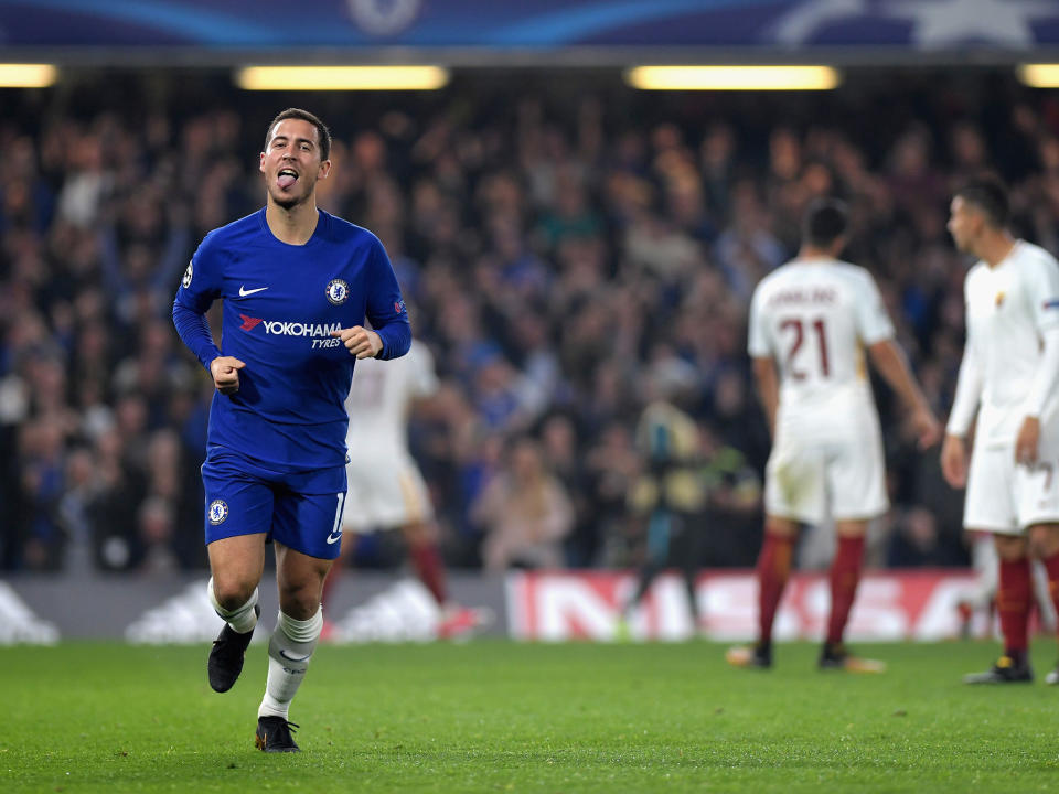 Eden Hazard celebrates his second goal for Chelsea: Getty