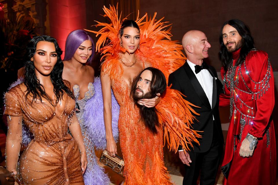 Kim Kardashian West, Kylie Jenner, Kendall Jenner (with Jared Leto’s head), Jeff Bezos, and Jared Leto at the 2019 Met gala.