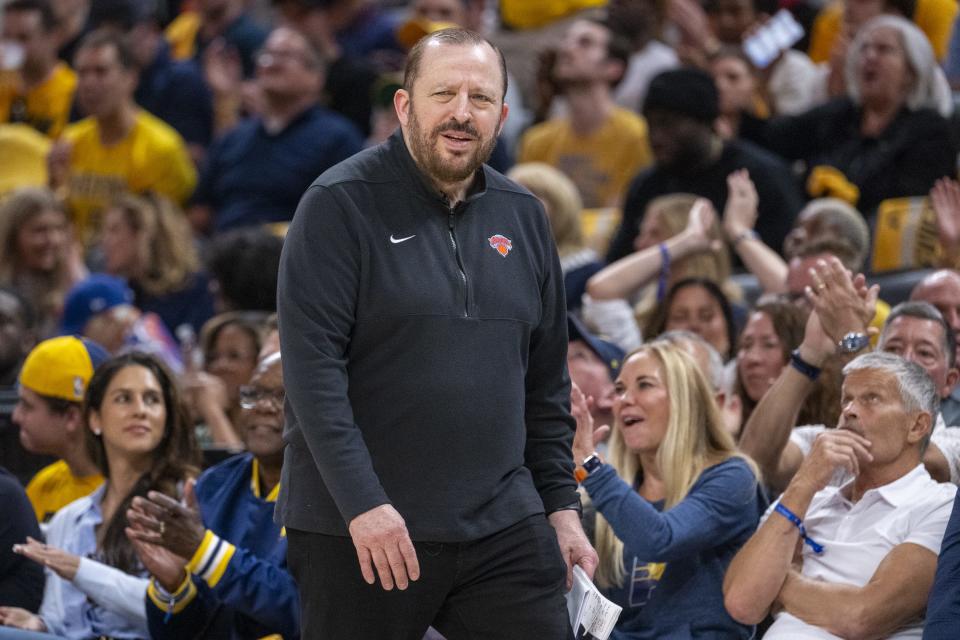 New York Knicks head coach Tom Thibodeau reacts to action on the court during the second half of an NBA basketball second round playoff game against the Indiana Pacers, Sunday, May 12, 2024, at Gainbridge Fieldhouse in Indianapolis. Indiana Pacers won, 121-89.