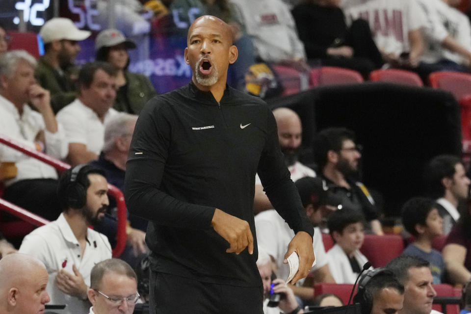 Detroit Pistons head coach Monty Williams gestures during the first half of an NBA basketball game against the Miami Heat, Wednesday, Oct. 25, 2023, in Miami. (AP Photo/Marta Lavandier)