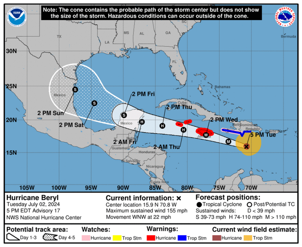 Hurricane Beryl is expected to hit Jamaica by 2 p.m. Wednesday.