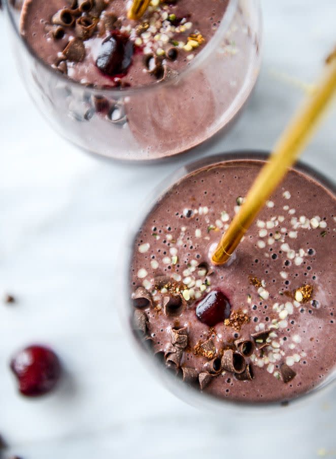 <p>Whenever we can make chocolate an appropriate breakfast choice, we're all in.</p><p>Get the<strong> <a href="https://www.howsweeteats.com/2016/02/dark-chocolate-cherry-chai-smoothie/" rel="nofollow noopener" target="_blank" data-ylk="slk:Dark Chocolate Cherry Smoothie recipe;elm:context_link;itc:0;sec:content-canvas" class="link ">Dark Chocolate Cherry Smoothie recipe</a></strong> from How Sweet Eats. </p>