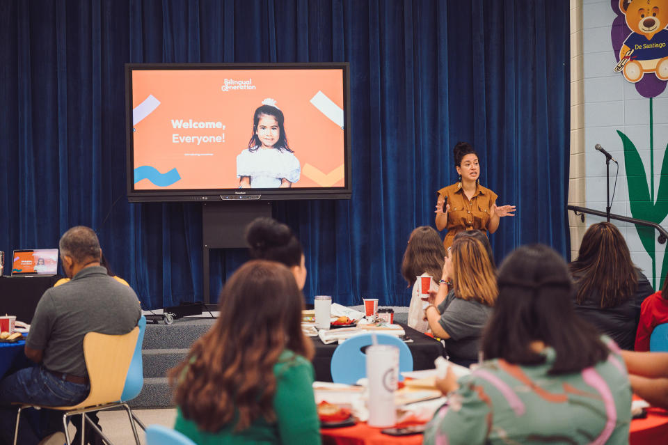 Veronica Benavides makes a presentation to more than 80 teachers from the Aldine Independent School District in Houston, Texas. (Courtesy of Veronica Benavides)