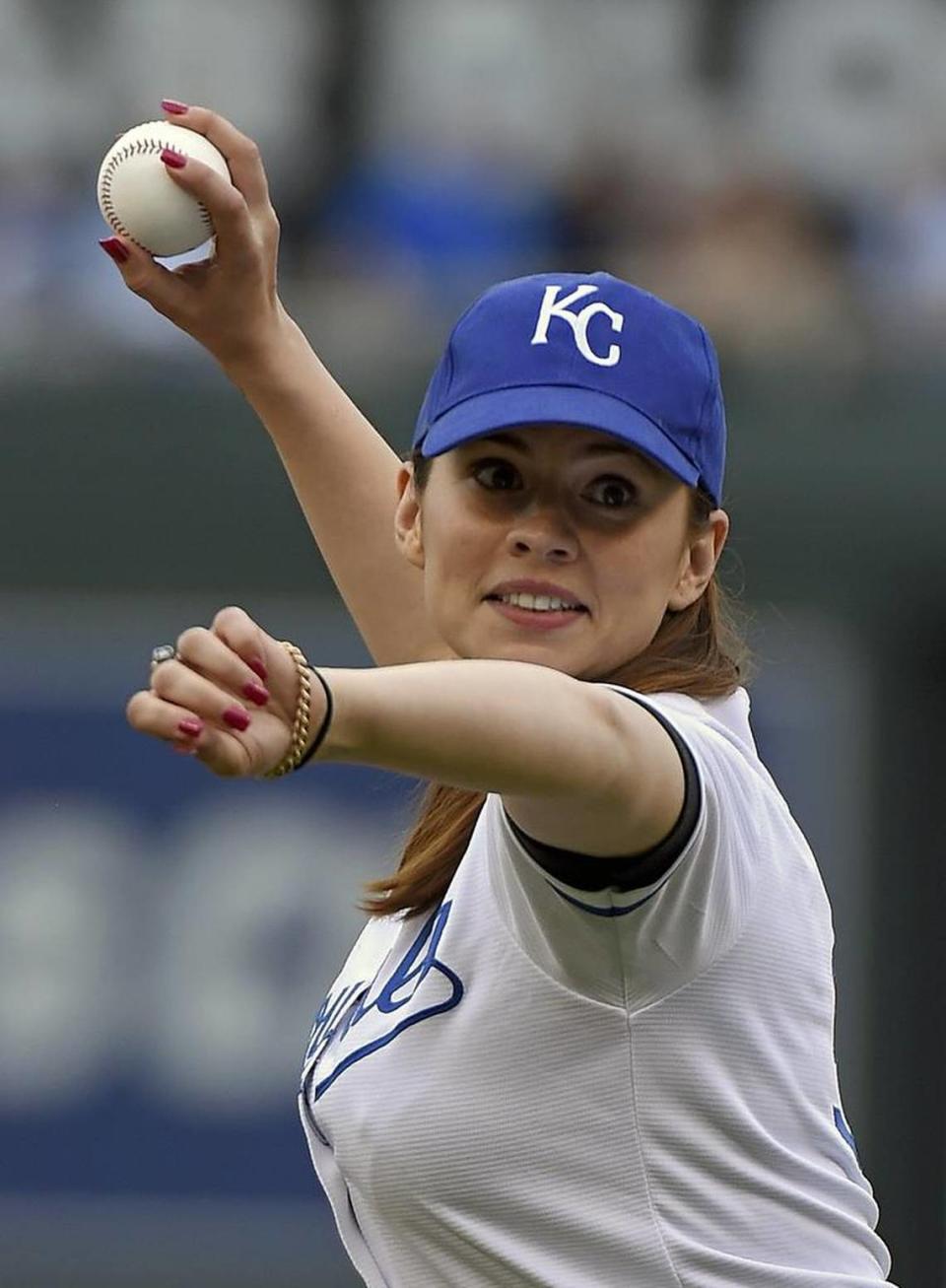 Actress Hayley Atwell threw out a first pitch at a Kansas City Royals home game in June 2015.