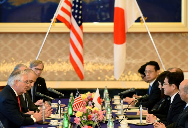 US Secretary of State Rex Tillerson and his Japanese counterpart Fumio Kishida (second from the right) held talks at the Iikura Guesthouse in Tokyo