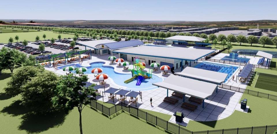 A rendering of a four-pool aquatics complex planned at Wellington's Village Park. The $22 million complex is scheduled to open in 2026. Here is an artist's rendering of how the complex might look, showing (counterclockwise from left) the recreational and lessons pools.