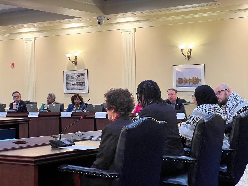 A panel, including a state delegate, testifies in support of House Joint Resolution 2, "Supporting a Long-Term Ceasefire in Israel and Palestine," before the members of the House Rules and Executive Nominations Committee in Annapolis, Maryland on March 4, 2024.