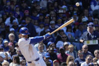Chicago Cubs' Nico Hoerner hits a one-run double against the Miami Marlins during the fourth inning of a baseball game in Chicago, Sunday, April 21, 2024. (AP Photo/Nam Y. Huh)