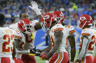 Kansas City Chiefs defensive back Bashaud Breeland, center, is greeted after scoring a touchdown after recovering a fumble at the Detroit Lions goal line and returning it 100-yards during the second half of an NFL football game, Sunday, Sept. 29, 2019, in Detroit. (AP Photo/Duane Burleson)