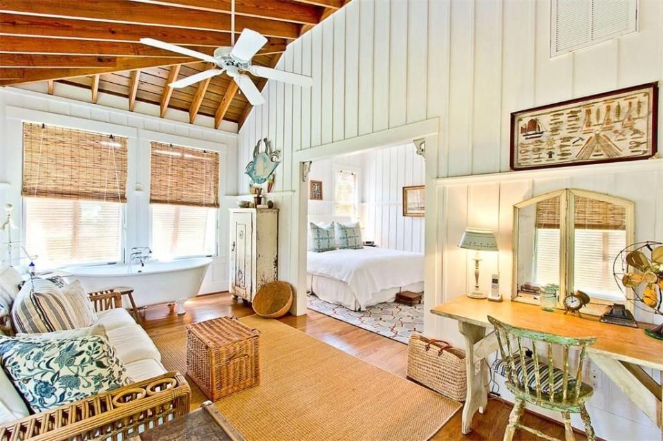 The sitting room and master bedroom in Sandra Bullock's Tybee Island, Georgia home.